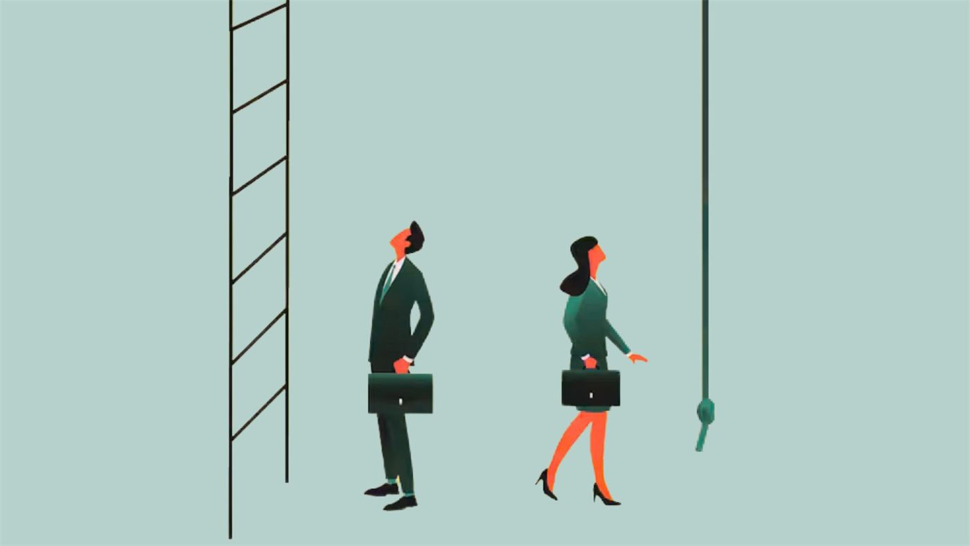 Illustration : un homme regarde une échelle, une femme une corde qui pend hors de portée, symbole du plafond de mère