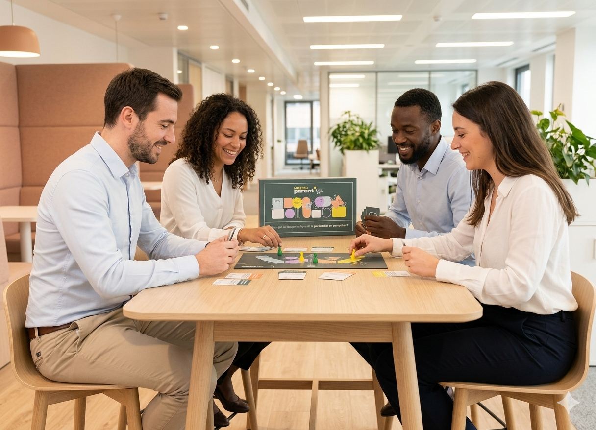 Une équipe joue à Parent'izi® - le jeu autour d'une table, dans une ambiance détendue